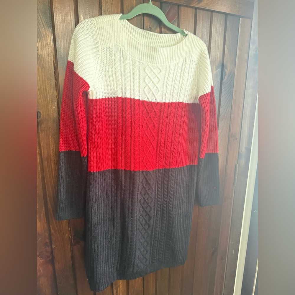 Tommy Hilfiger Red, Cream, and Black Cable Knit Sweater Dress